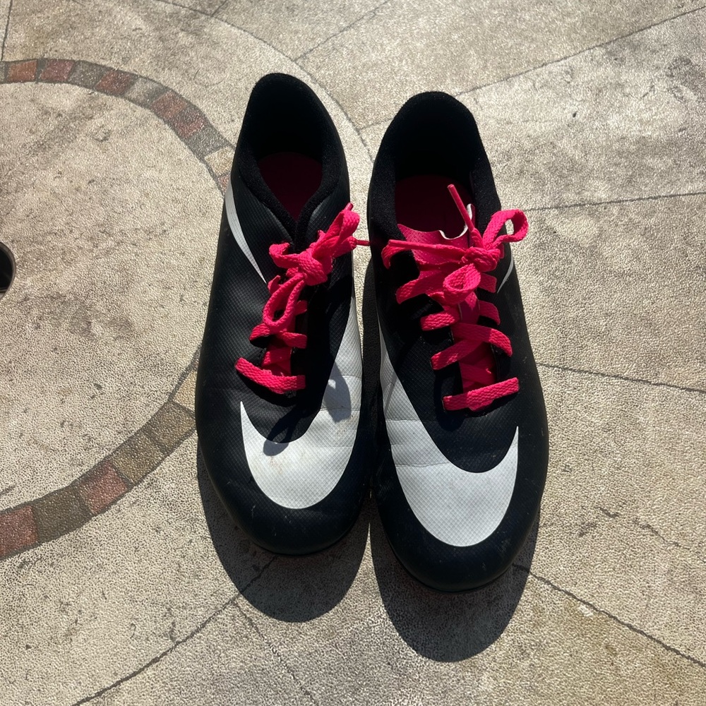 Black and White Soccer Cleats with Pink Laces